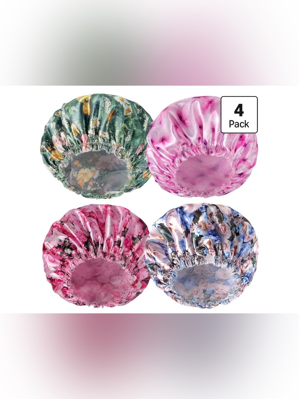 New- Floral Satin Shower Caps 4-Pack - Pink, Green, Blue, Rose